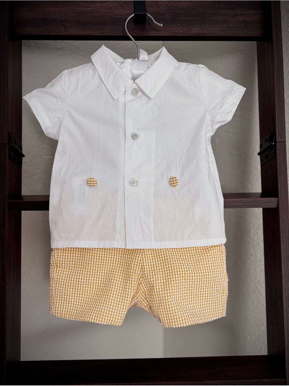 La Coqueta White Shirt and Yellow Gingham Shorts Kids Outfit